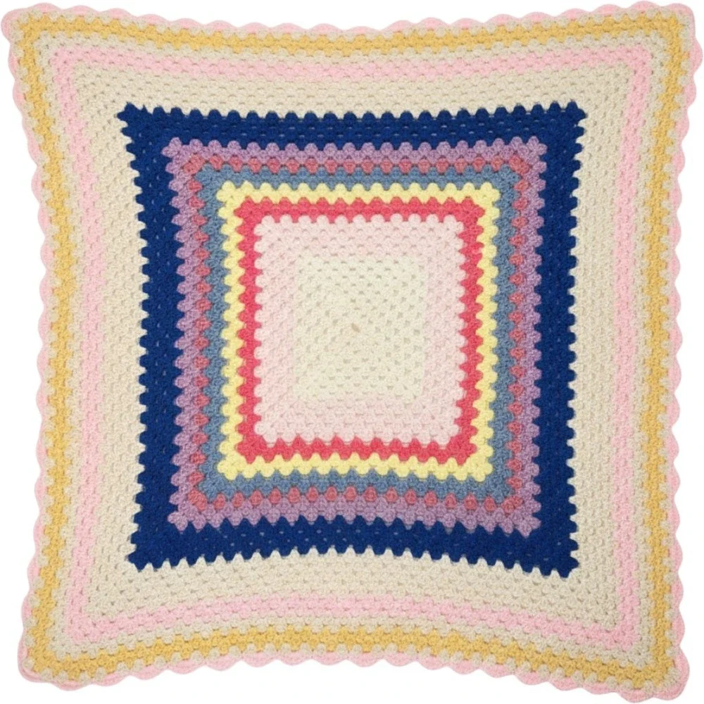 Handmade Crochet Granny Square Blanket Scalloped Edge Lap Throw 52x33